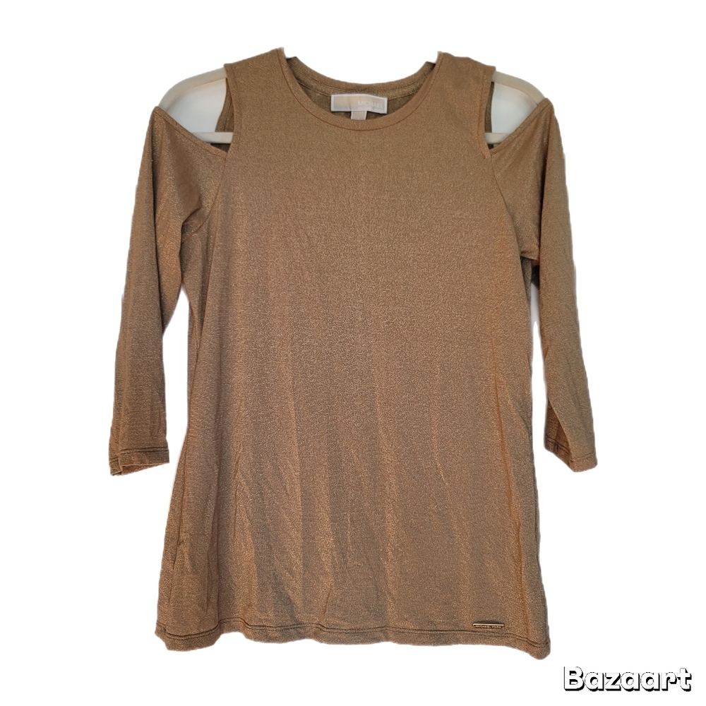 Michael Kors Tan Cold Shoulder Top Womens S Small Gold Threaded